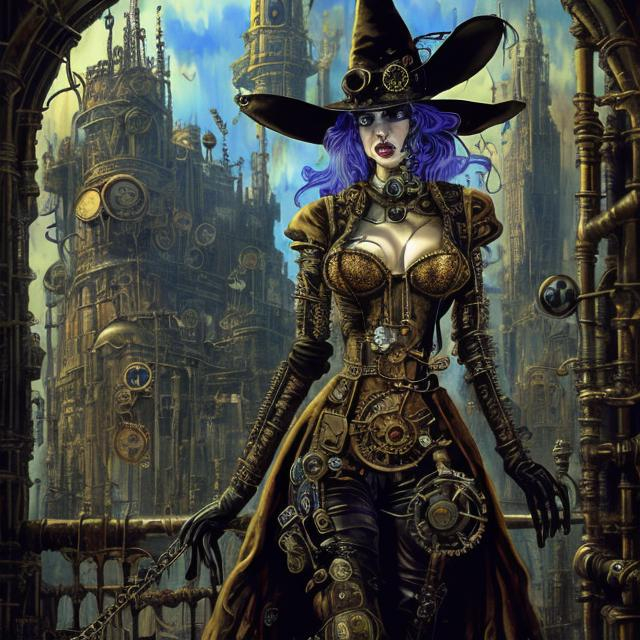 Prompt: "steampunk witch" in a cyberpunk castle - artwork by Salvador Dali - sharp focus, very focused, high definition, very detailed, intricate