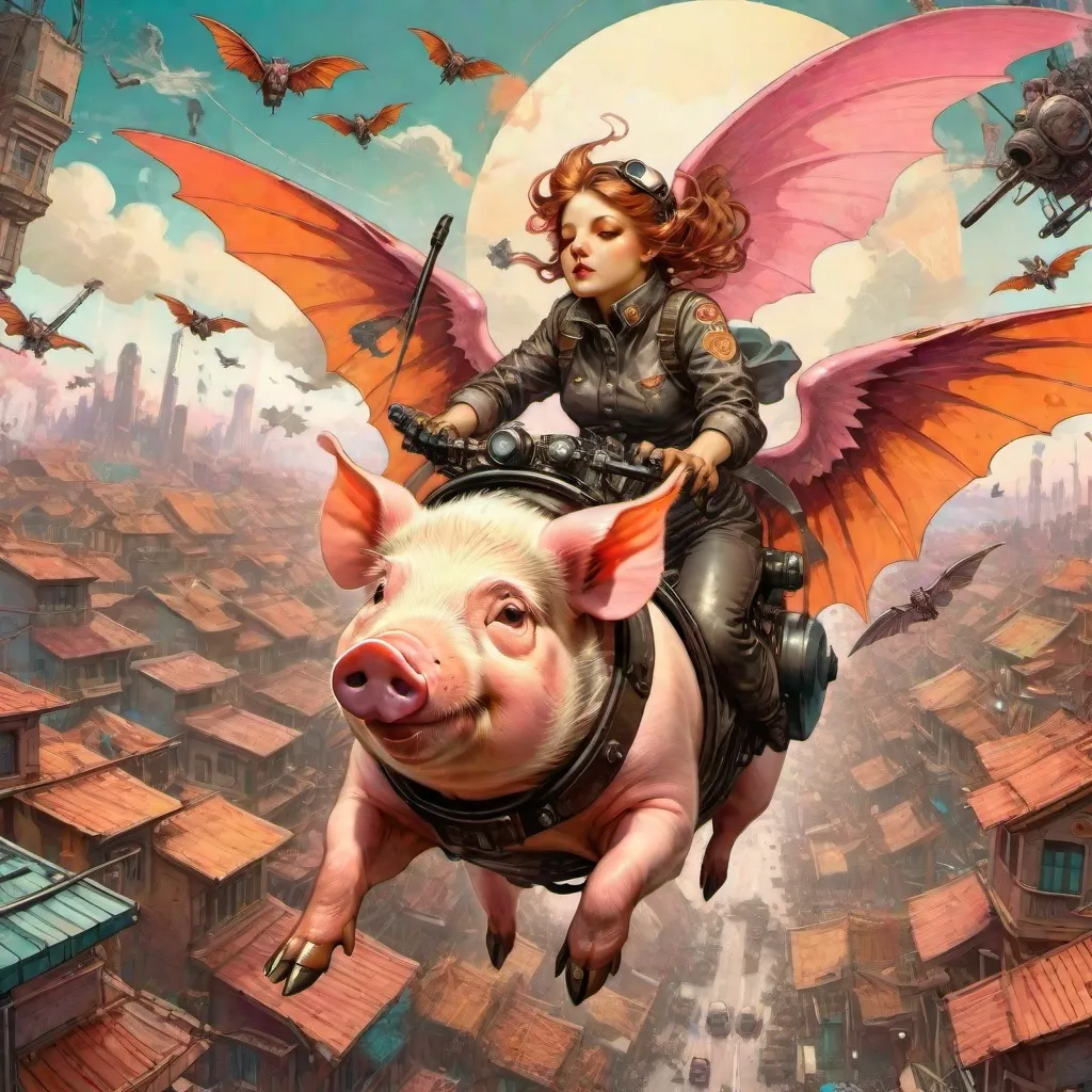 Prompt: "flying pilot pigs with bat wings dropping bombs over a cyberpunk village" - ultra high quality, sharp focus, focused, high focus, very sharp, high definition, extremely detailed, hyperrealistic, intricate, fantastic view, very attractive, fantasy, imperial colors, colorful