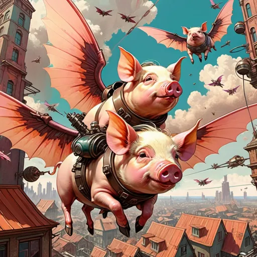 Prompt: "flying pilot pigs with bat wings dropping bombs over a cyberpunk village" - ultra high quality, sharp focus, focused, high focus, very sharp, high definition, extremely detailed, hyperrealistic, intricate, fantastic view, very attractive, fantasy, imperial colors, colorful