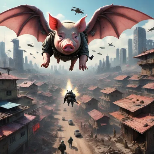Prompt: "soldier pigs attacking citizens" and "flying pilot pigs with bat wings dropping bombs over a cyberpunk village" - ultra high quality, sharp focus, focused, high focus, very sharp, high definition, extremely detailed, hyperrealistic, intricate, fantastic view, very attractive, fantasy, imperial colors, colorful