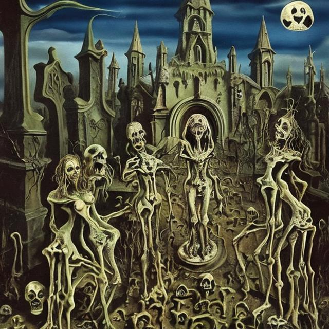 Prompt: "medieval witches" at the graveyard, with many weird zombies - artwork by Salvador Dali - sharp focus, very focused, high definition, very detailed, intricate