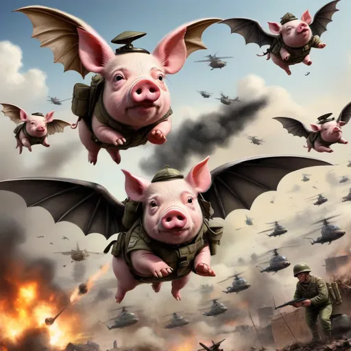 Prompt: "War pigs" - pigs dressed as soldiers, attacking poor human people - flying pigs dressed as pilots with bat wings, dropping bombs - ultra high quality, sharp focus, focused, high focus, very sharp, high definition, extremely detailed, hyperrealistic, intricate, fantastic view, very attractive, fantasy, imperial colors, colorful
