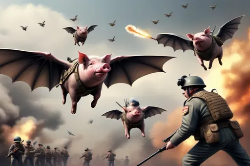 Prompt: "War pigs" - pigs dressed as soldiers, attacking poor human people - flying pigs dressed as pilots with bat wings, dropping bombs - ultra high quality, sharp focus, focused, high focus, very sharp, high definition, extremely detailed, hyperrealistic, intricate, fantastic view, very attractive, fantasy, imperial colors, colorful