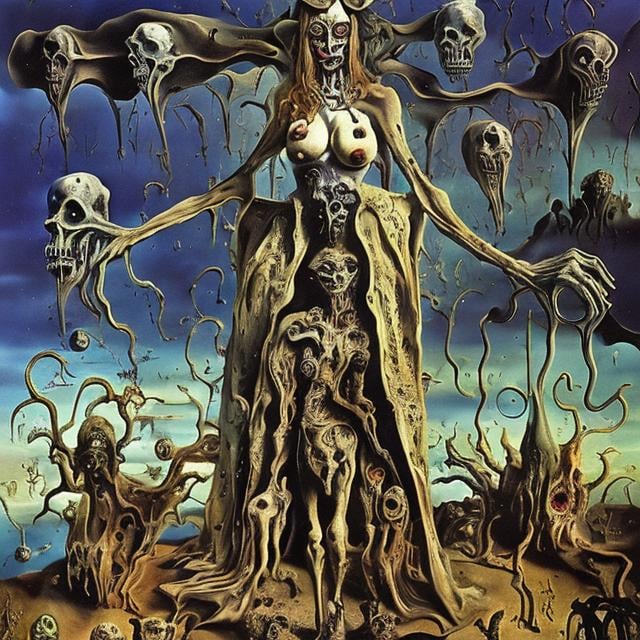 Prompt: "medieval witch" with many weird zombies - artwork by Salvador Dali - sharp focus, very focused, high definition, very detailed, intricate
