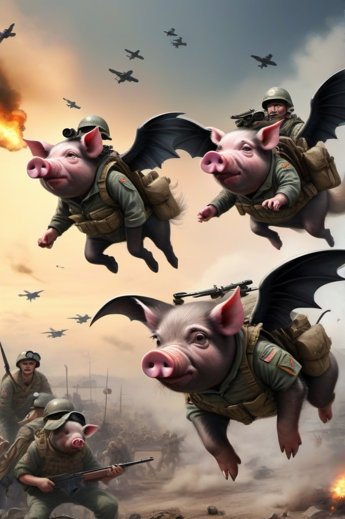 Prompt: "War pigs" - pigs dressed as soldiers, attacking poor human people - flying pigs dressed as pilots with bat wings, dropping bombs - ultra high quality, sharp focus, focused, high focus, very sharp, high definition, extremely detailed, hyperrealistic, intricate, fantastic view, very attractive, fantasy, imperial colors, colorful