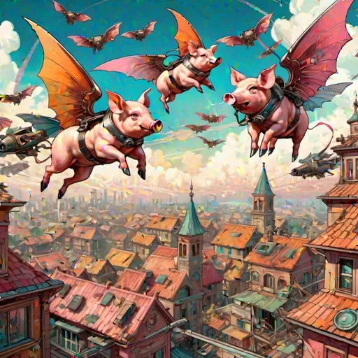Prompt: "flying pilot pigs with bat wings dropping bombs over a cyberpunk village" - ultra high quality, sharp focus, focused, high focus, very sharp, high definition, extremely detailed, hyperrealistic, intricate, fantastic view, very attractive, fantasy, imperial colors, colorful