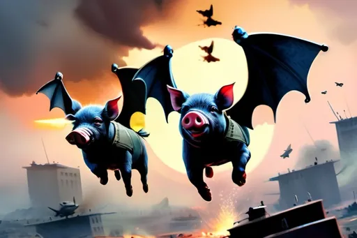 Prompt: "War pigs" - pigs dressed as soldiers, attacking poor human people - flying pigs dressed as pilots with bat wings, dropping bombs - ultra high quality, sharp focus, focused, high focus, very sharp, high definition, extremely detailed, hyperrealistic, intricate, fantastic view, very attractive, fantasy, imperial colors, colorful