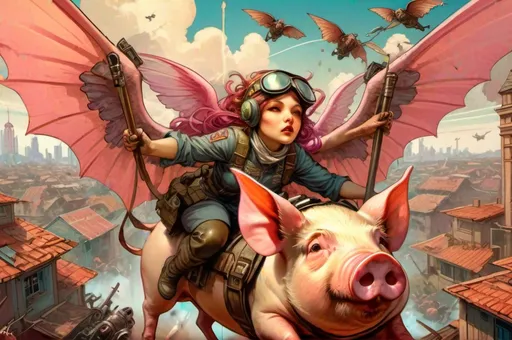 Prompt: "soldier pigs attacking citizens" and "flying pilot pigs with bat wings dropping bombs over a cyberpunk village" - ultra high quality, sharp focus, focused, high focus, very sharp, high definition, extremely detailed, hyperrealistic, intricate, fantastic view, very attractive, fantasy, imperial colors, colorful