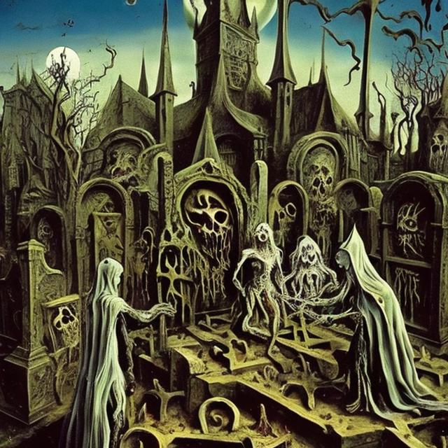 Prompt: "medieval witches" at the graveyard, with many weird zombies - artwork by Salvador Dali - sharp focus, very focused, high definition, very detailed, intricate