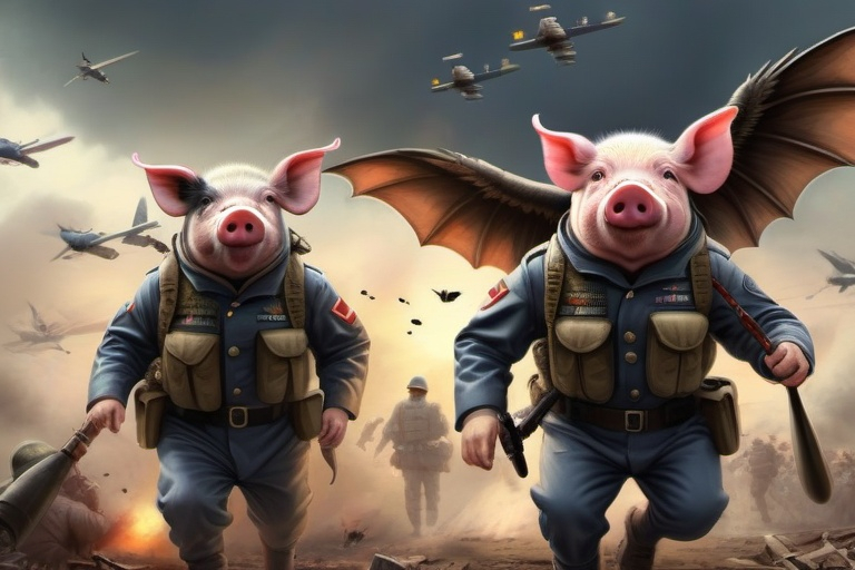 Prompt: "War pigs" - pigs dressed as soldiers, attacking poor human people - flying pigs dressed as pilots with bat wings, dropping bombs - ultra high quality, sharp focus, focused, high focus, very sharp, high definition, extremely detailed, hyperrealistic, intricate, fantastic view, very attractive, fantasy, imperial colors, colorful