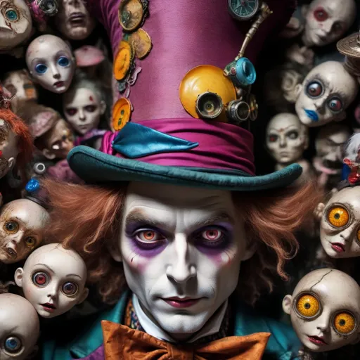 Prompt: Portrait of the face of a hallucinated Mad Hatter, eyes wide open into the void, with heads of strange old dolls and spare cyber pieces in the background - ultra high quality, sharp focus, focused, high focus, very sharp, high definition, extremely detailed, hyperrealistic, intricate, fantastic view, very attractive, fantasy, imperial colors, colorful