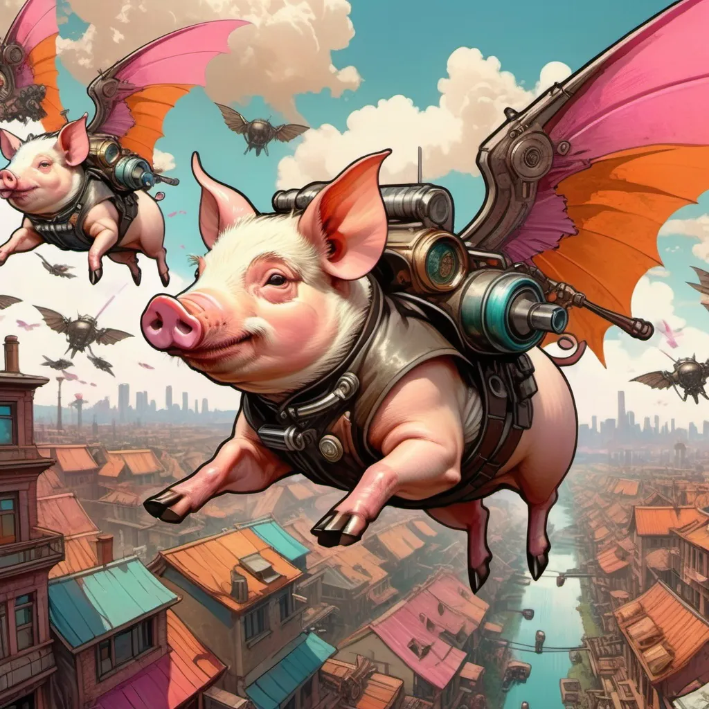 Prompt: "flying pilot pigs with bat wings dropping bombs over a cyberpunk village" - ultra high quality, sharp focus, focused, high focus, very sharp, high definition, extremely detailed, hyperrealistic, intricate, fantastic view, very attractive, fantasy, imperial colors, colorful