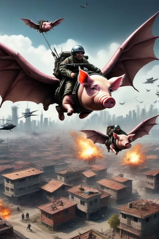 Prompt: "soldier pigs attacking citizens" and "flying pilot pigs with bat wings dropping bombs over a cyberpunk village" - ultra high quality, sharp focus, focused, high focus, very sharp, high definition, extremely detailed, hyperrealistic, intricate, fantastic view, very attractive, fantasy, imperial colors, colorful