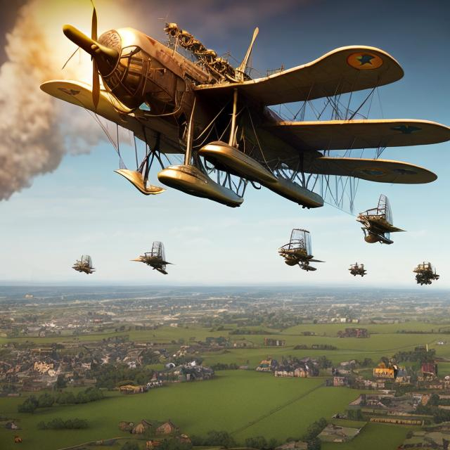 Prompt: "first world war air battle" - a few first war biplanes and triplanes fighting on the skies above green fields - an UFO, a steampunk flying galleon, a steampunk zeppelin, a steampunk flying submarine - high definition, very detailed, high focus, very sharp, colorful