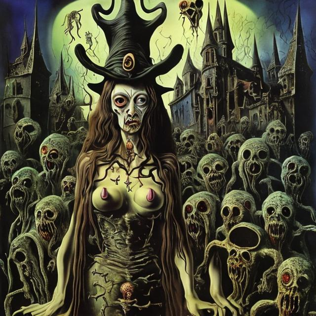 Prompt: "medieval witch" with many weird zombies - artwork by Salvador Dali - sharp focus, very focused, high definition, very detailed, intricate