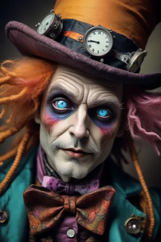 Prompt: Portrait of the face of a hallucinated Mad Hatter, eyes wide open into the void, with heads of strange old dolls and spare cyber pieces in the background - ultra high quality, sharp focus, focused, high focus, very sharp, high definition, extremely detailed, hyperrealistic, intricate, fantastic view, very attractive, fantasy, imperial colors, colorful