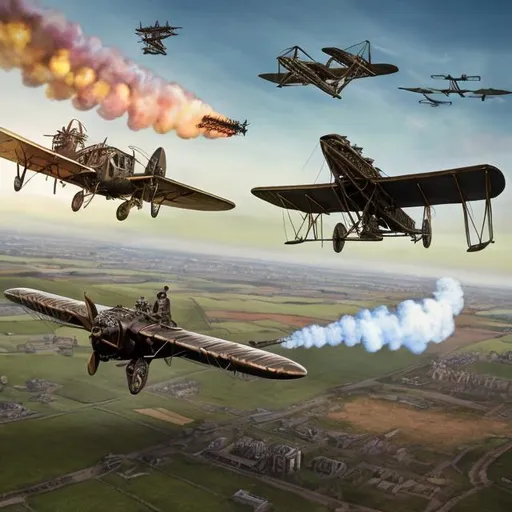 Prompt: "first world war air battle" - a few first war biplanes and triplanes fighting on the skies above green fields - an UFO, a steampunk flying galleon, a steampunk zeppelin, a steampunk flying submarine - high definition, very detailed, high focus, very sharp, colorful