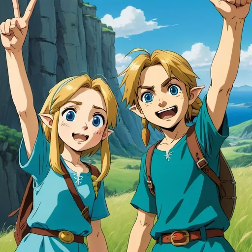 Prompt: 2d studio ghibli anime style, link and zelda from the legend of Zelda holding up 2 fingers, anime scene, close up, blue outfit, field, cliffs, smiling, happy, excited