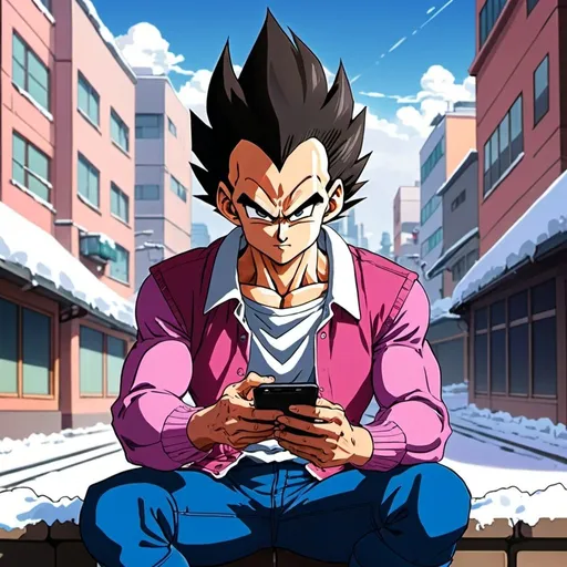 Prompt: 2d studio madhouse anime style, vegeta in a pink shirt, anime scene, sitting with a cellphone, snow, city
