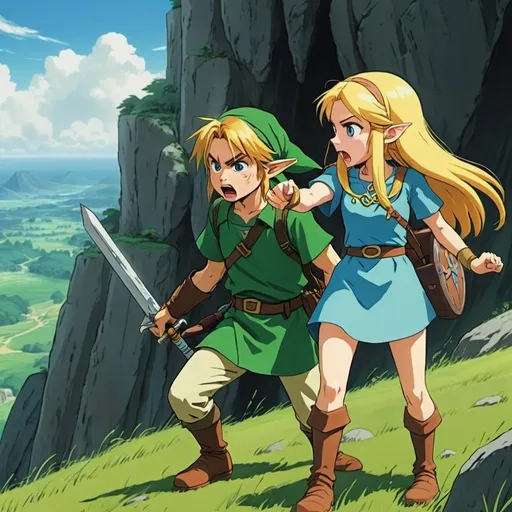 Prompt: 2d studio ghibli anime style, link and zelda from the legend of Zelda arguing, anime scene, close up, field, cliffs, mad, angry, yelling, map