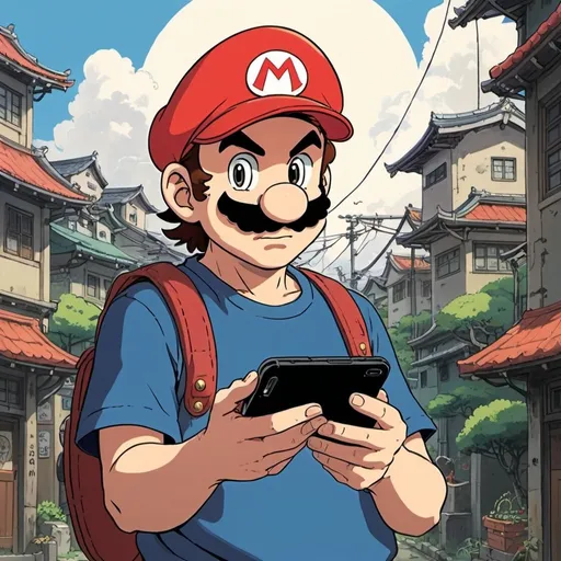 Prompt: 2d studio ghibli anime style, Mario holding a cellphone, anime scene, Japanese city, rap video