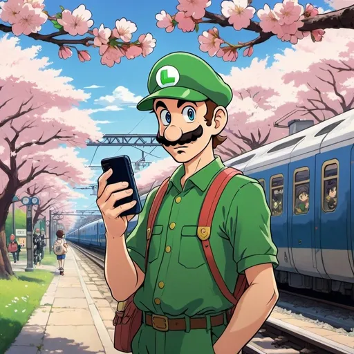 Prompt: 2d studio ghibli anime style, Luigi from the super Mario bros with a cellphone, anime scene, cherry blossoms, train station, nike