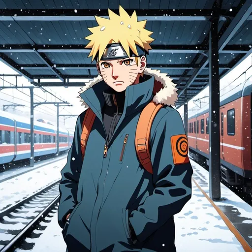 Prompt: 2d madhouse anime style, naruto wearing a winter jacket, anime scene, train station, snow, cold tone, cell phone