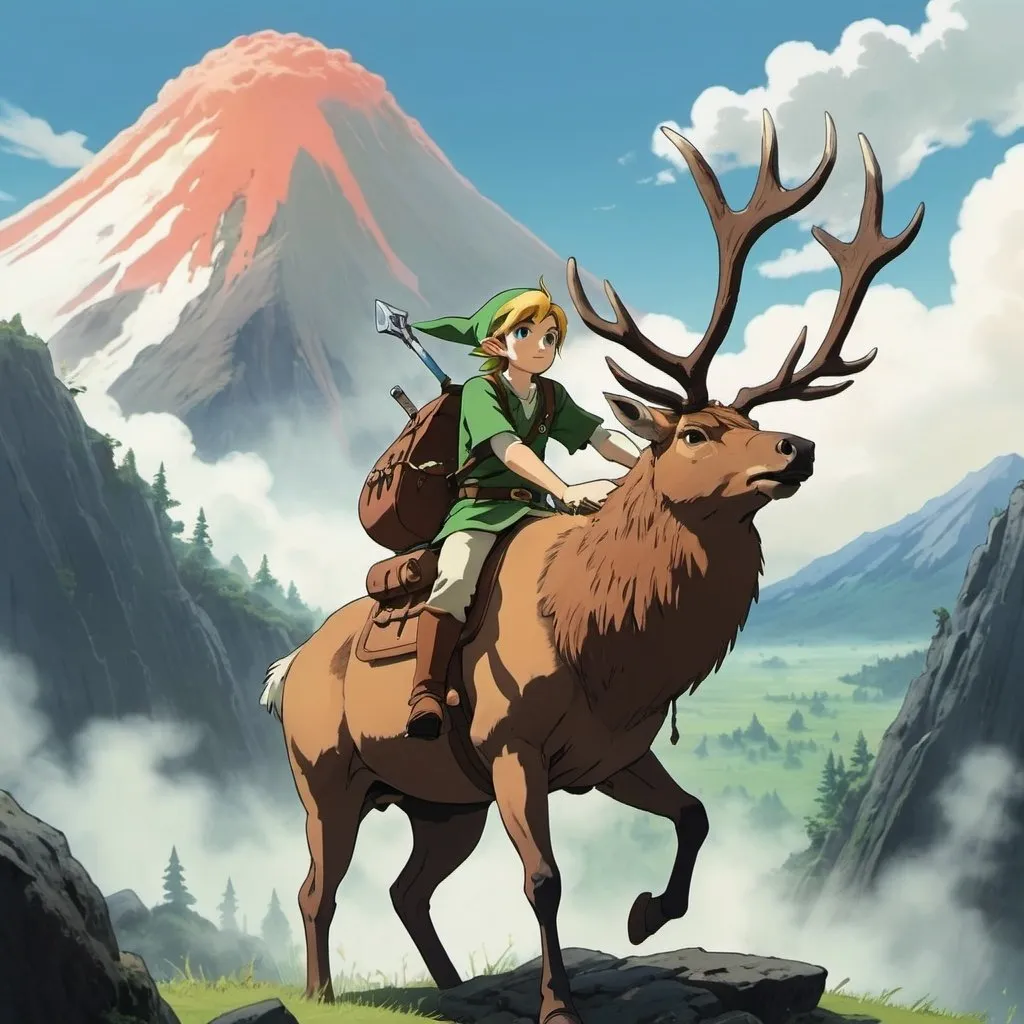 Prompt: 2d studio ghibli anime style, link from the legend of zelda riding an elk, anime scene, vocano with smoke ring