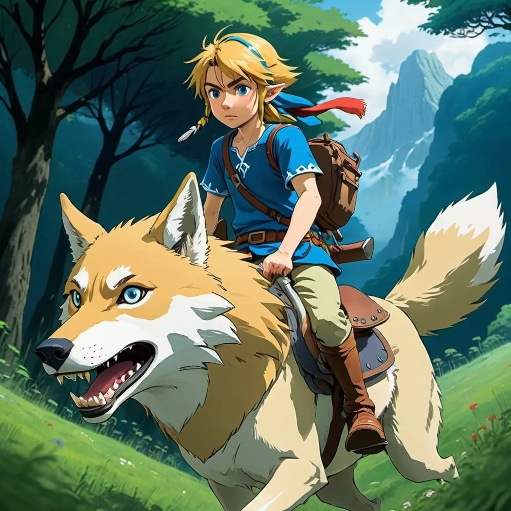 Prompt: 2d studio ghibli anime style, link from the legend of Zelda riding a wolf, anime scene, close up, blue shirt, princess mononoke, field,