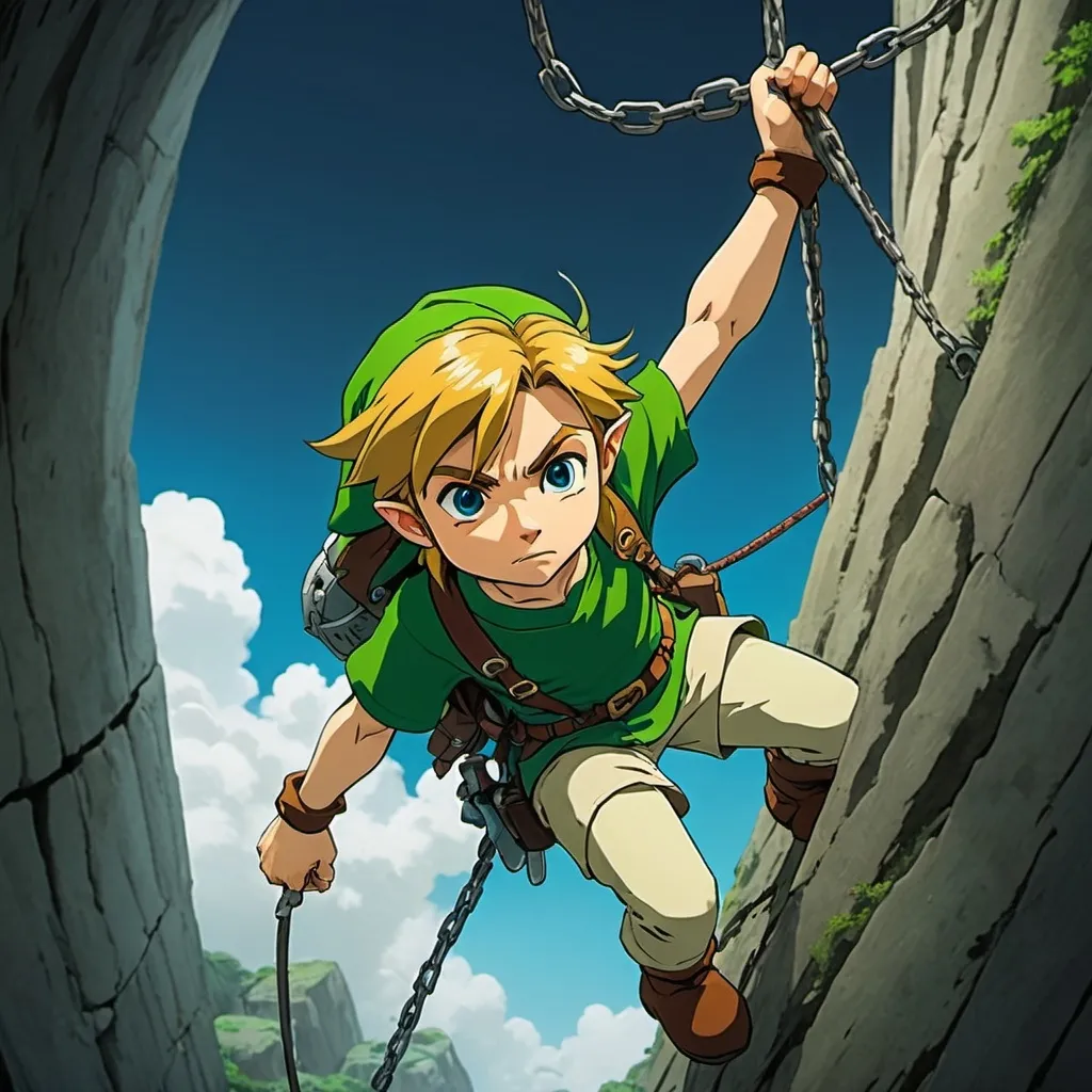 Prompt: 2d studio ghibli anime style, link from the legend of Zelda, anime scene, close up, rappelling down a giant hole