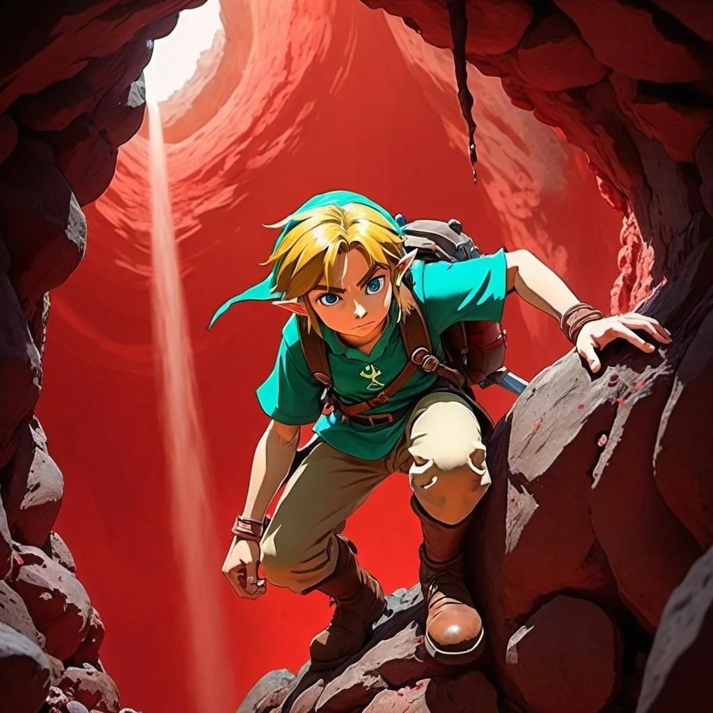 Prompt: 2d studio ghibli anime style, link from the legend of Zelda, anime scene, close up, climbing down a hole into the earth, red ooze on rocks, red haze, 