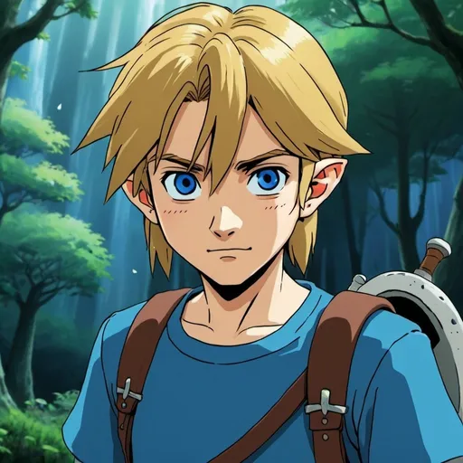 Prompt: 2d studio ghibli anime style, link from the legend of Zelda , anime scene, close up, blue shirt
