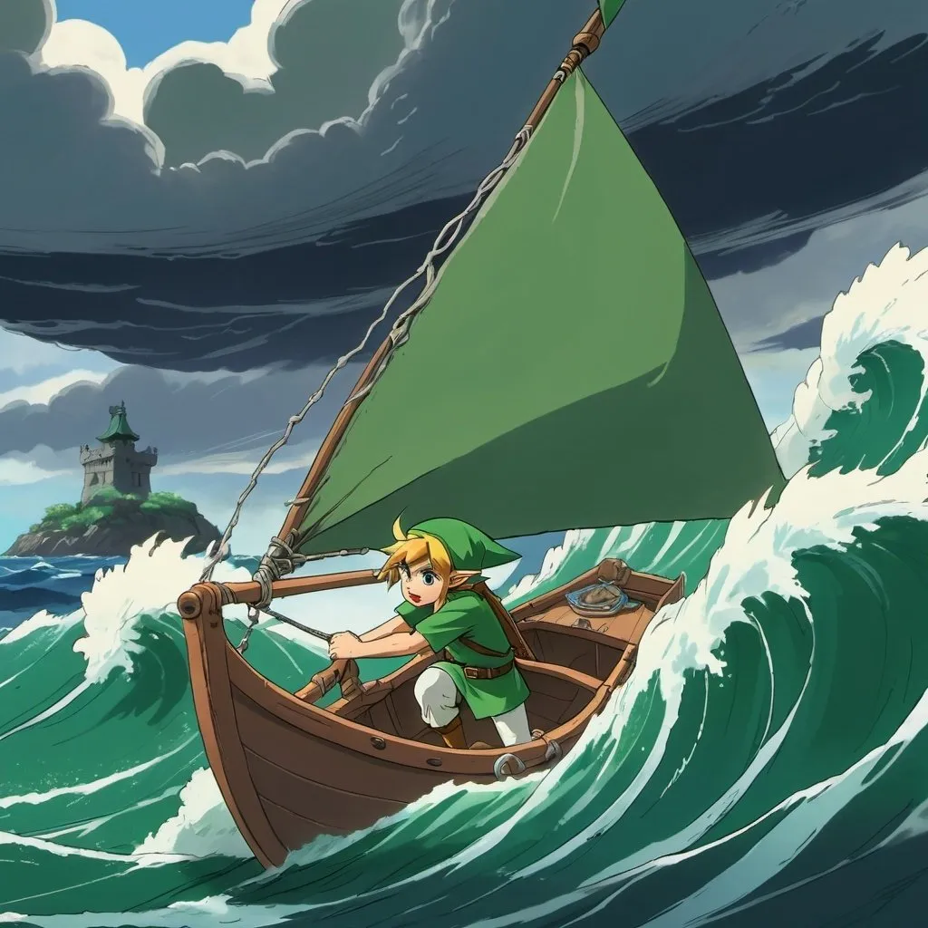 Prompt: 2d studio ghibli anime style, link from the legend of Zelda struggling to sail a small boat, anime scene, storm, waves, islands, iconic green hat