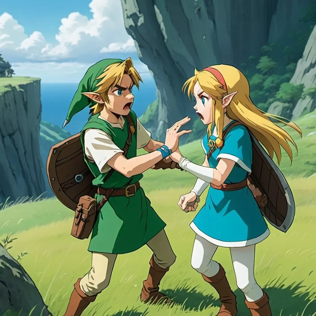 Prompt: 2d studio ghibli anime style, link and zelda from the legend of Zelda arguing, anime scene, close up, field, cliffs, mad, angry, yelling, map