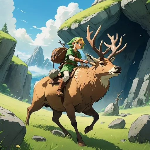 Prompt: 2d studio ghibli anime style, link from the legend of Zelda riding an elk, field, ruins, giant boulders floating
