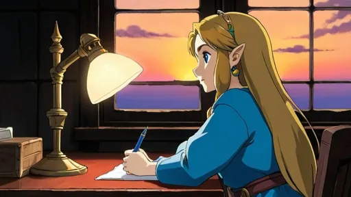 Prompt: 2d studio ghibli anime style, zelda from the legend of Zelda, sitting at a desk with her hand on her chin, dark medieval room, anime scene , close up, side profile, bottle, lamp, pen, flat window, sunset, eyes closed, blue clothes