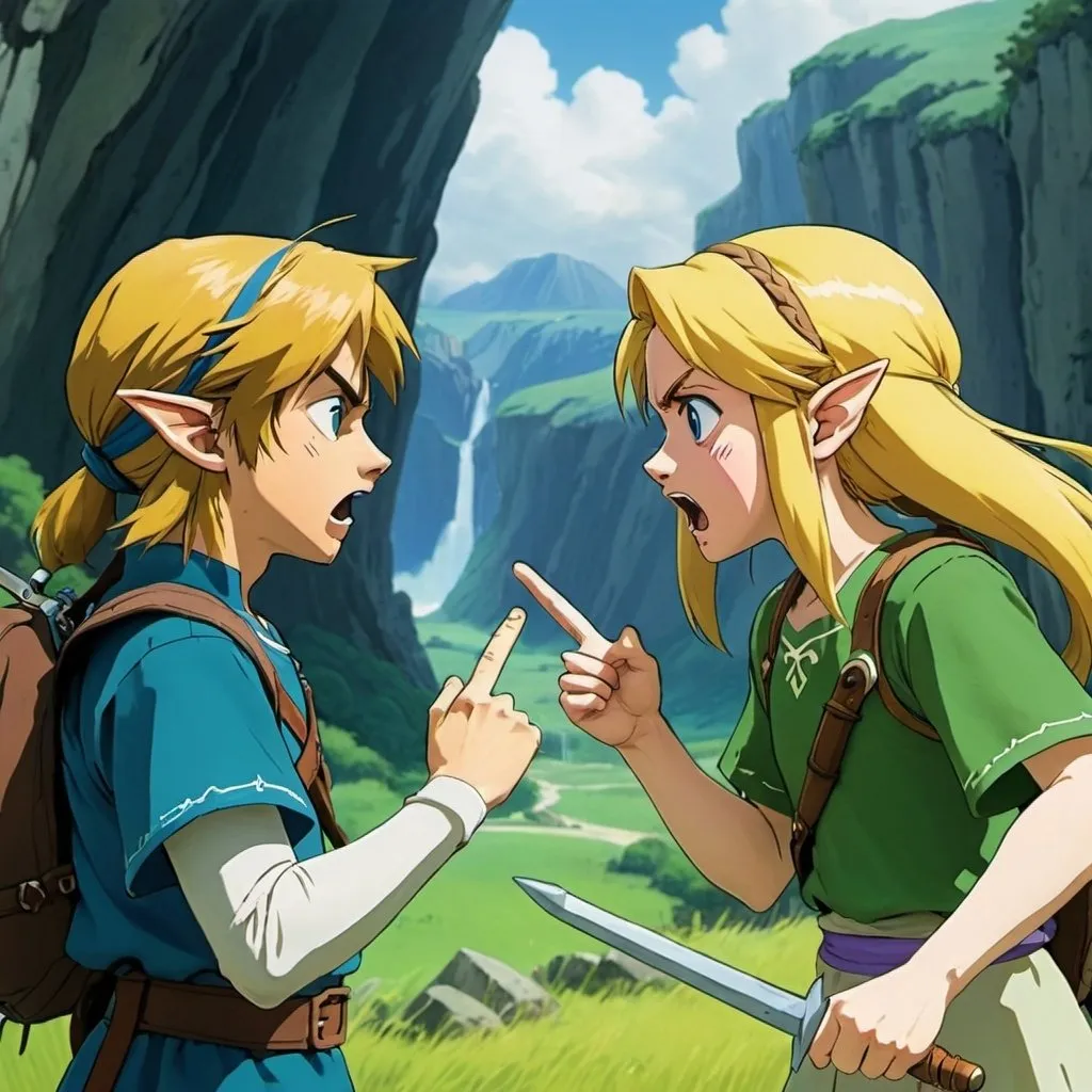 Prompt: 2d studio ghibli anime style, link and zelda from the legend of Zelda arguing, anime scene, close up, field, cliffs, mad, angry, yelling, map