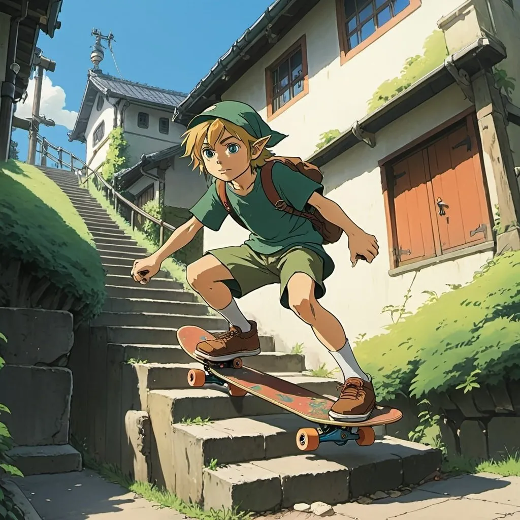 Prompt: 2d studio ghibli anime style, link grinding a rail on a skateboard , anime scene, village, stairs