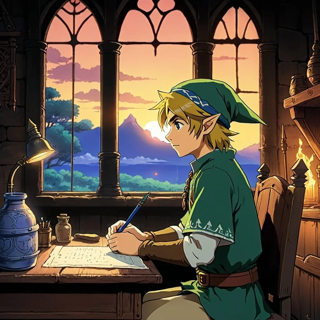 Prompt: 2d studio ghibli anime style, link from the legend of Zelda, sitting at a desk in a dark medieval room, anime scene , close up, side profile, bottle, hat, feather pen, facing left, window, sunset, eyes closed
