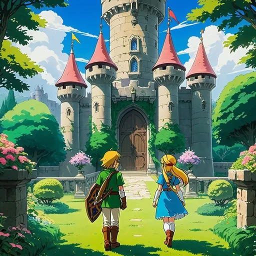Prompt: 2d studio ghibli anime style, link from the legend of Zelda in a castle garden with princess zelda, anime scene