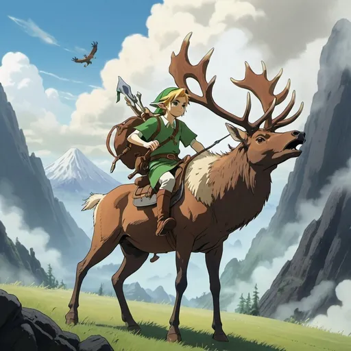 Prompt: 2d studio ghibli anime style, link from the legend of zelda riding an elk, anime scene, vocano with smoke ring