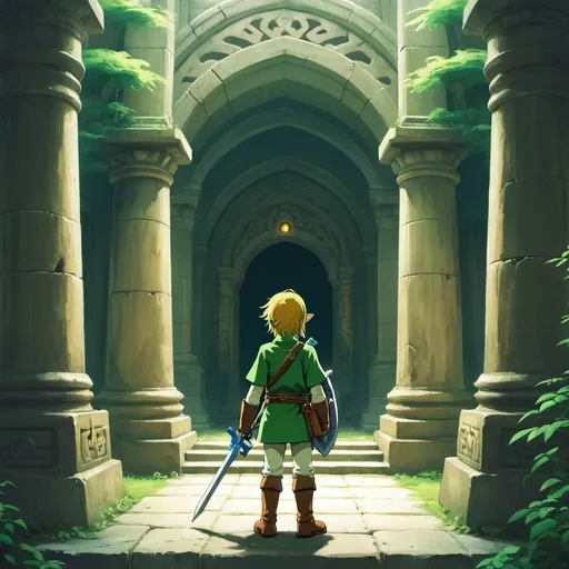 Prompt: 2d Studio ghibli art style, link from the legend of Zelda in the temple of time, anime scene