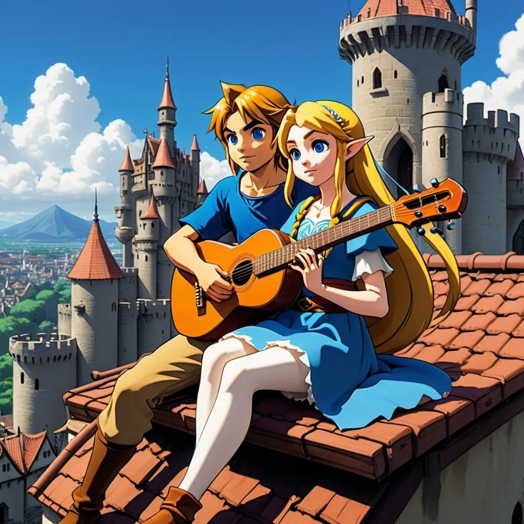 Prompt: 2d studio ghibli anime style, link from The legend of Zelda sitting on a roof playing a lute with princess zelda, anime scene, blue shirt, castle 