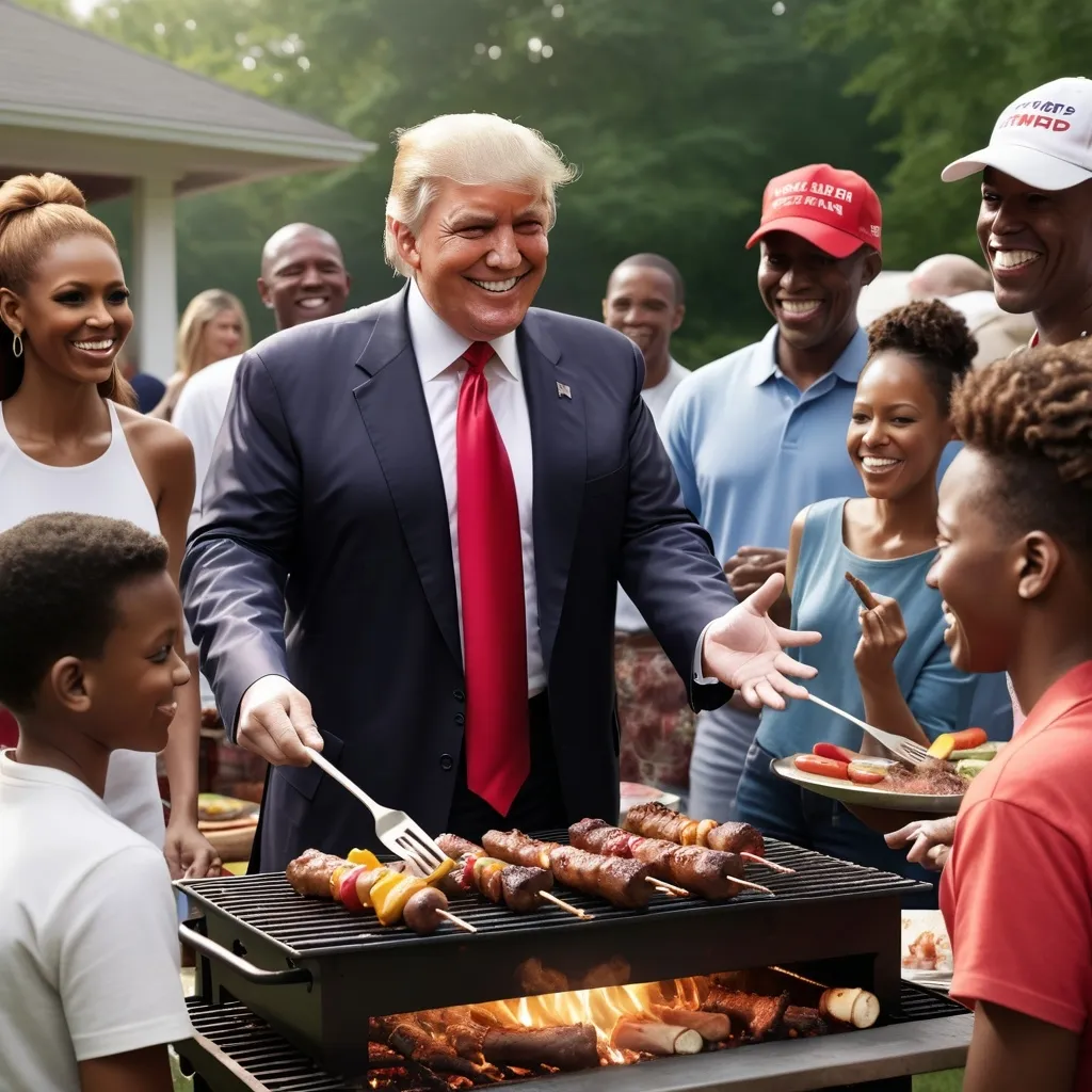 Prompt: Donald trump at a barbeque, black people, smiling, photo, photorealistic,