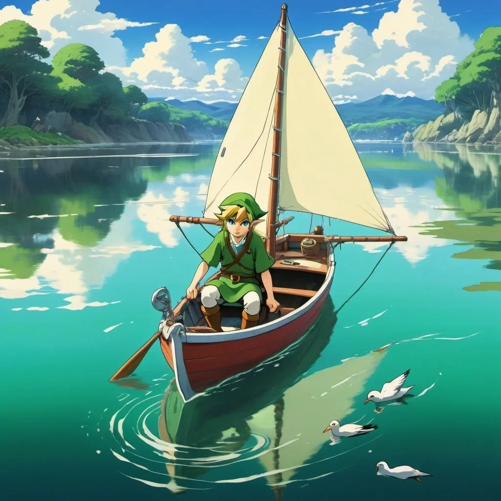 Prompt: 2d studio ghibli style, link from the legend of Zelda sailing a small boat,  reflection in water, anime scene, iconic, seagulls, fisheye, iconic green hat,