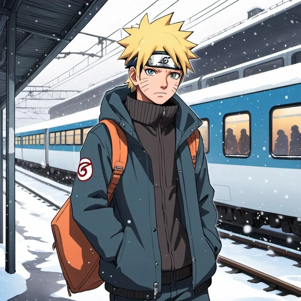 Prompt: 2d madhouse anime style, naruto wearing a winter jacket, anime scene, train station, snow, cold tone, cell phone