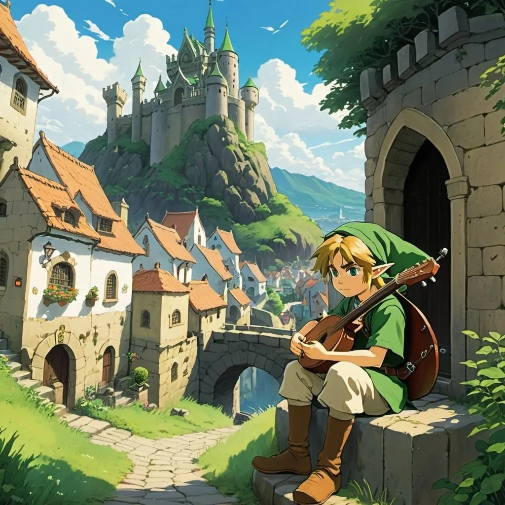 Prompt: 2d studio ghibli anime style, link from the legend of Zelda sitting playing a lute, anime scene, iconic green hat, shield, town, castle gate, cobblestone road, cliff side, houses, temple, well