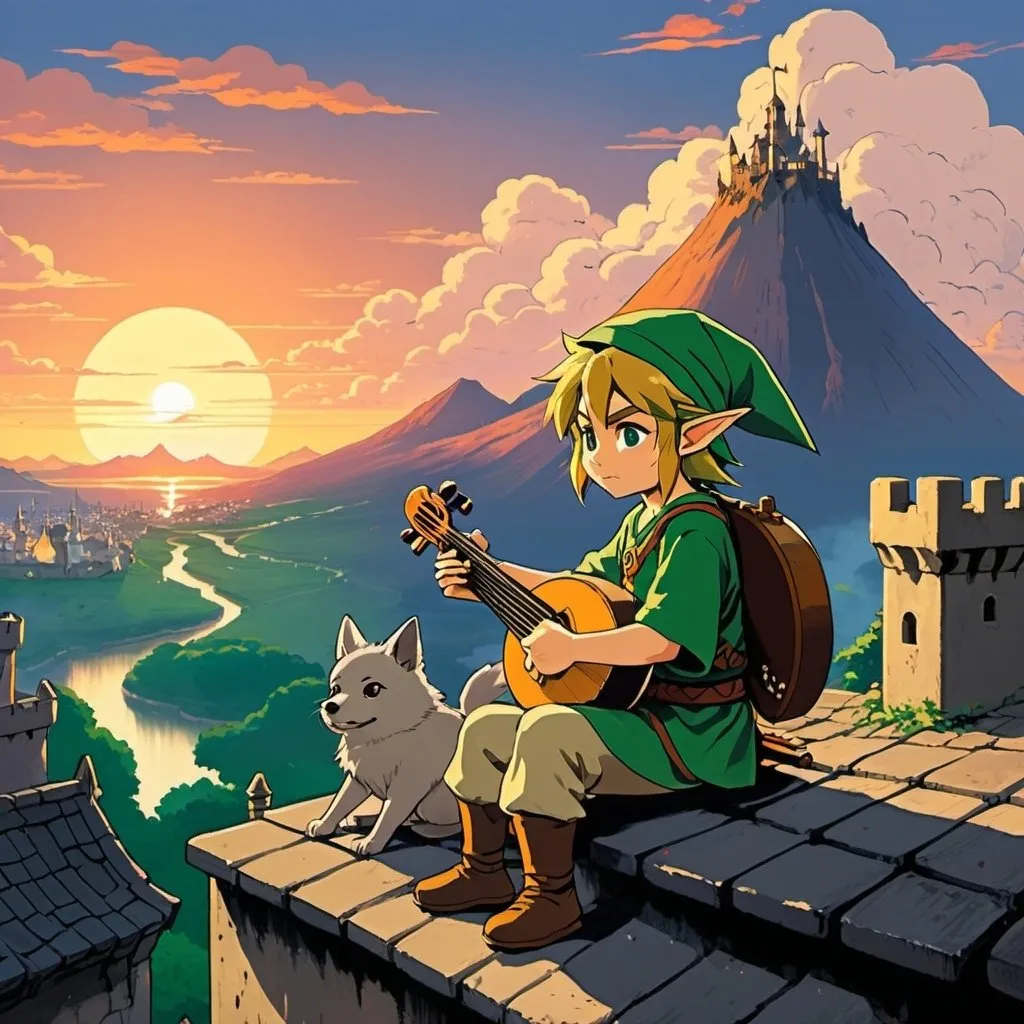 Prompt: 2d studio ghibli anime style, link from the legend of Zelda sitting on a roof playing a lute, anime scene, iconic green hat, small grey dog, castle, volcano with smoke ring, sunset 