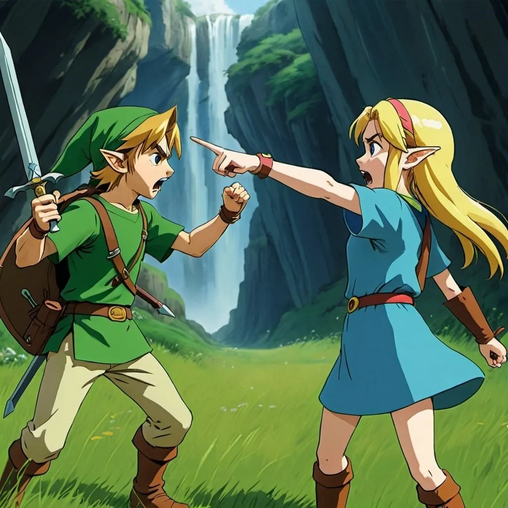 Prompt: 2d studio ghibli anime style, link and zelda from the legend of Zelda arguing, anime scene, close up, field, cliffs, mad, angry, yelling, pointing finger