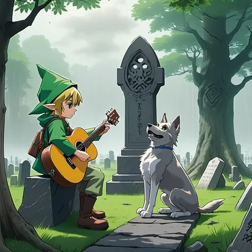 Prompt: 2d studio ghibli anime style, link from the legend of Zelda playing guitar against a gravestone, anime scene, graves, fog, iconic green hat, wooden fence, grey terrier, storm
